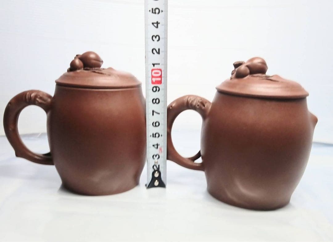 中国 茶器 マグカップ 蓋付き 桃 2客 ペアセット 刻印有 骨董 アンティーク