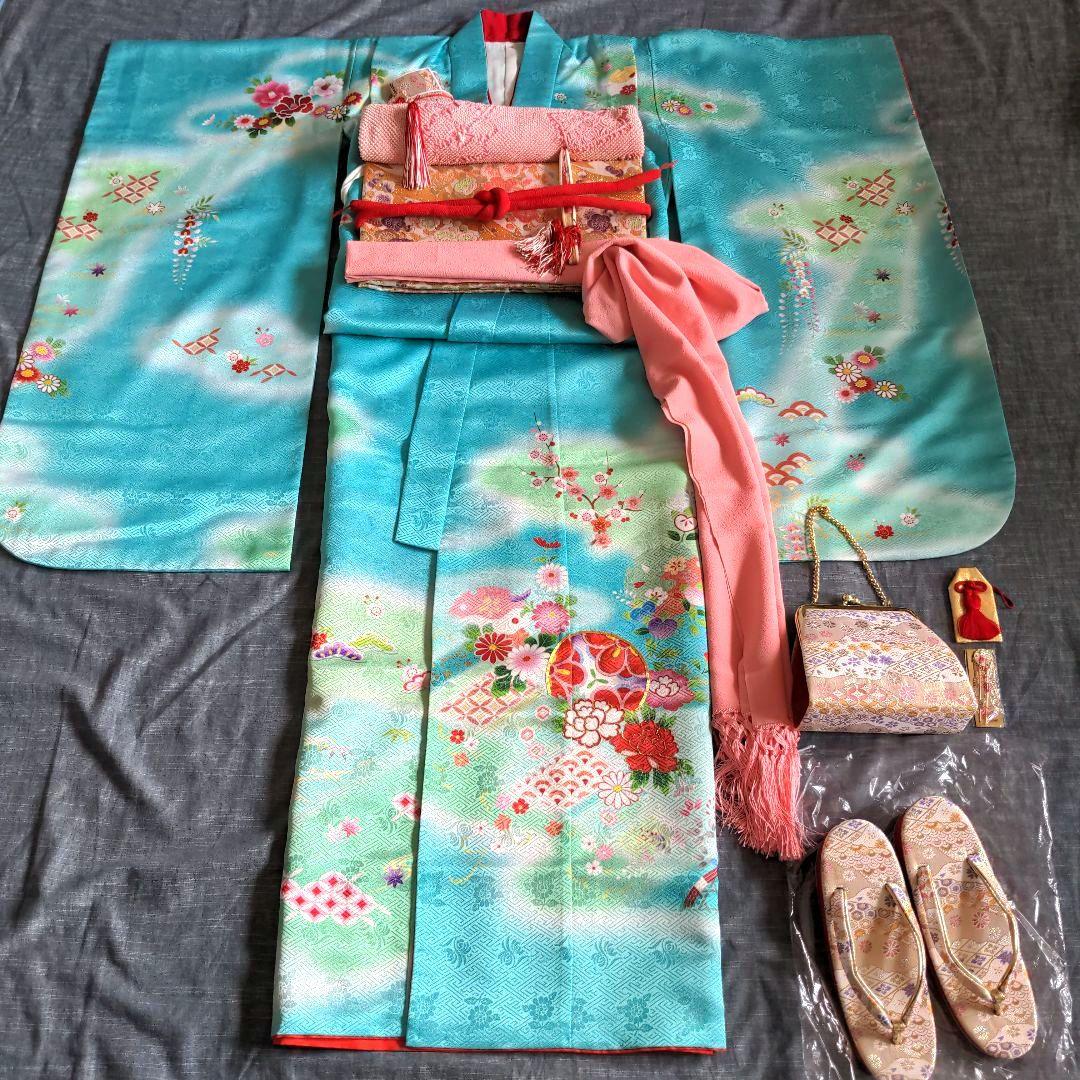 七五三　着物　７歳 　フルセット　水色　古典柄　ターコイズブルー