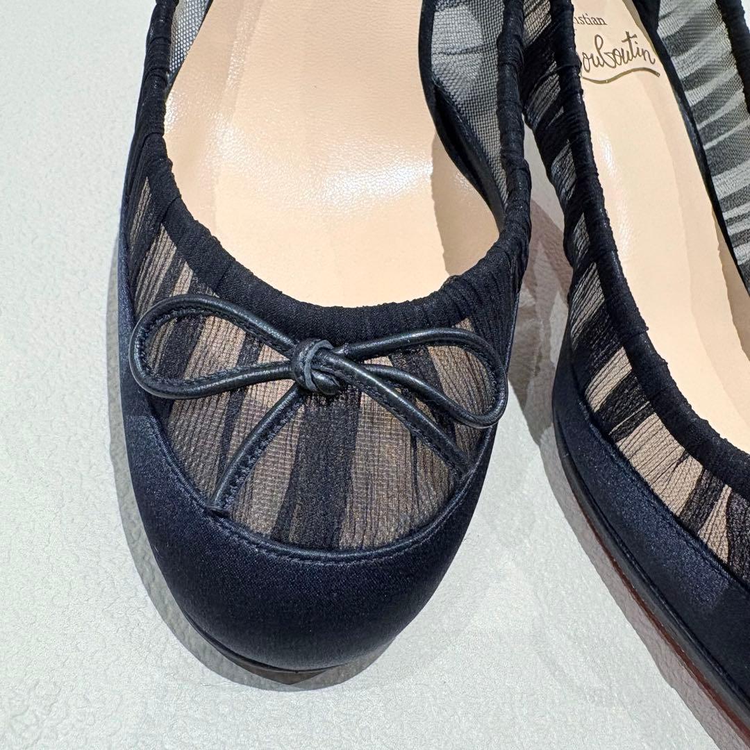 【美品】裏張り済 ルブタン ブラックシフォン リボンパンプス 37 フォーマル