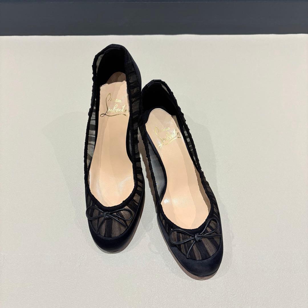 【美品】裏張り済 ルブタン ブラックシフォン リボンパンプス 37 フォーマル