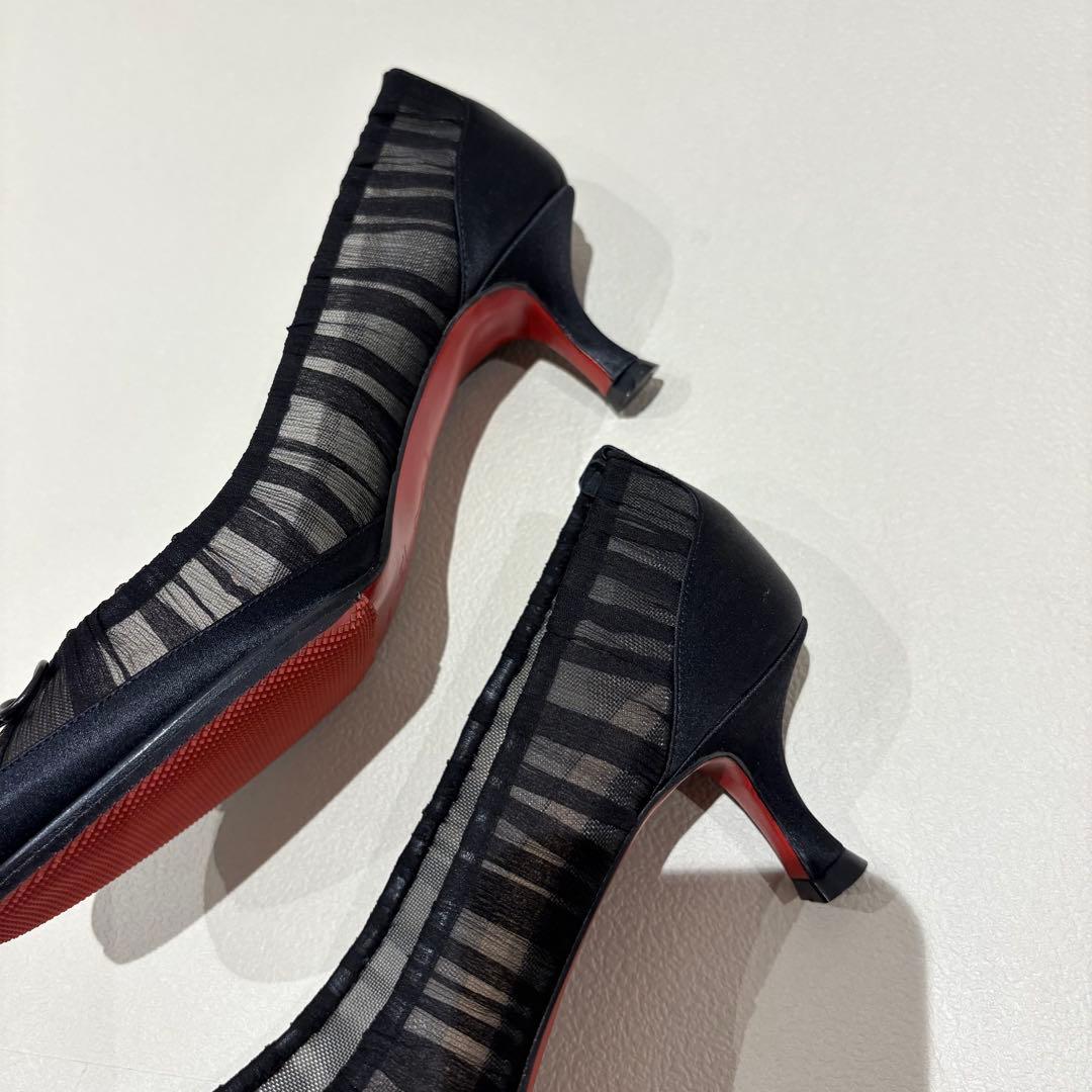 【美品】裏張り済 ルブタン ブラックシフォン リボンパンプス 37 フォーマル