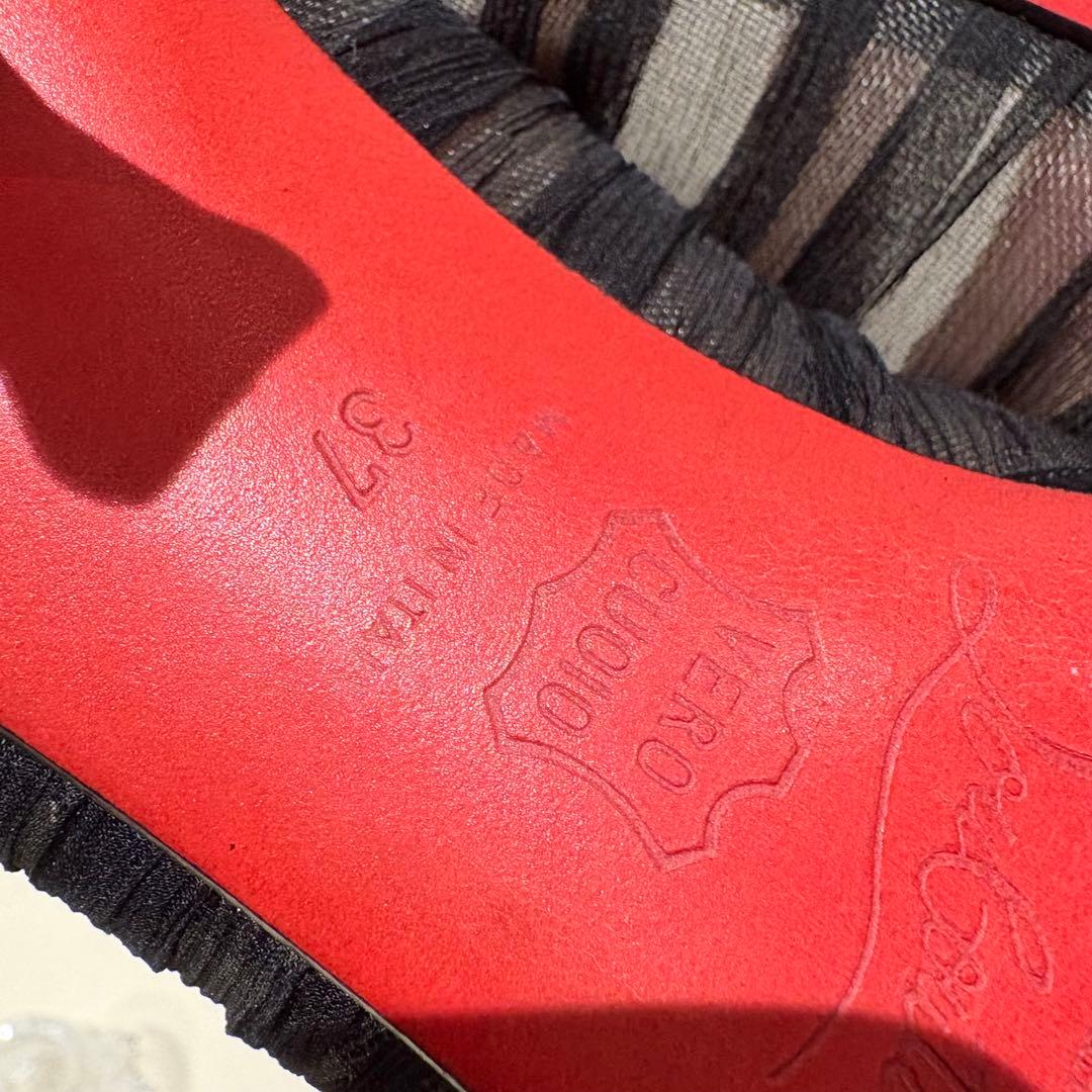 【美品】裏張り済 ルブタン ブラックシフォン リボンパンプス 37 フォーマル