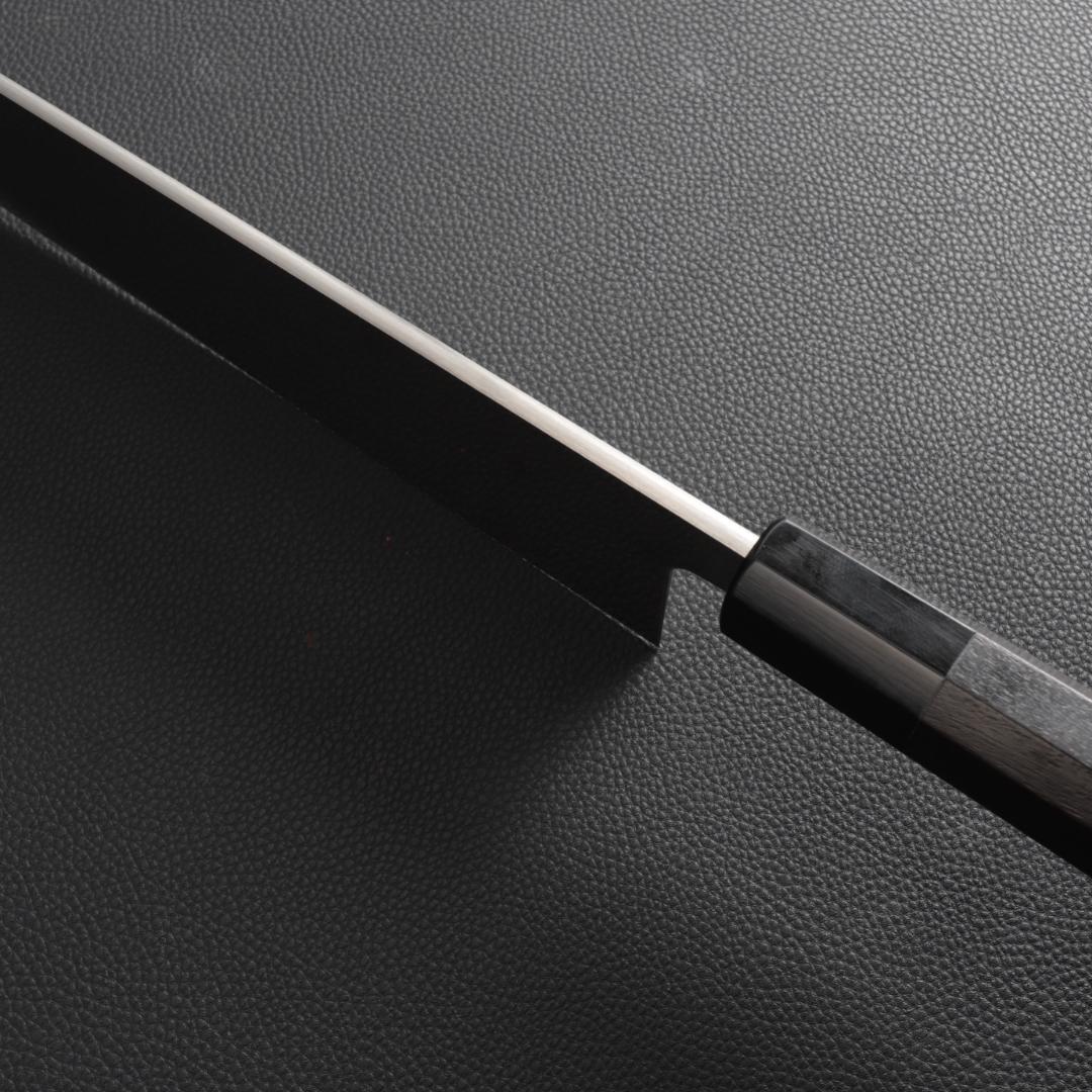 10464 切付型牛刀 尺寸 両刃 鏡面仕上げ 刺身包丁 黒檀黒水牛角八角柄