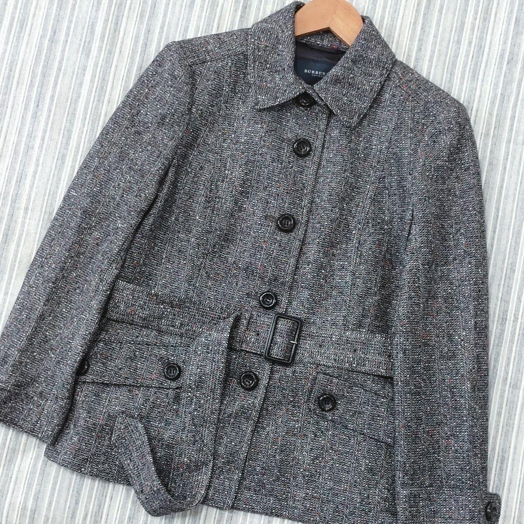 ★極美品★バーバリー＊ツイードジャケット＊絹混＊ベルト付き＊40