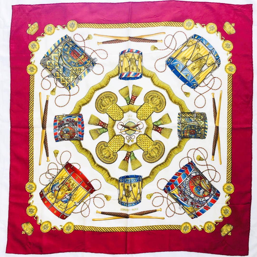 HERMES エルメス カレ90 タンブールの太鼓 スカーフ レッド系 タグなし