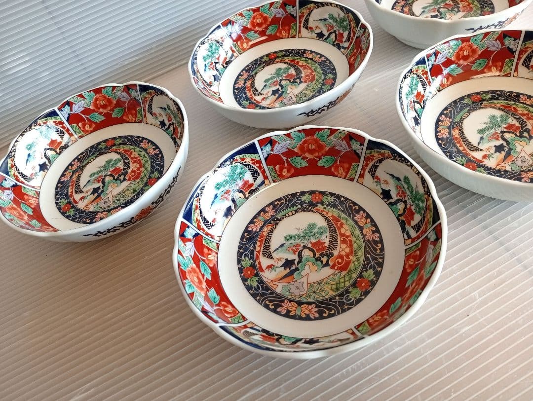 有田焼　昇龍窯　古伊万里　中鉢揃　5枚セット　赤絵　浅鉢　中皿　金彩色絵　煮物鉢