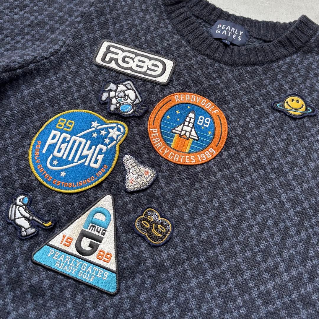 【美品】PEARLY GATES ウール混ニットセーター 宇宙 ワッペン ロゴ