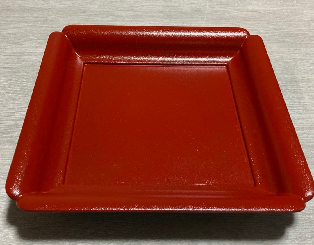 若狭盆　木製 四方盛り鉢、朱/翠バイカラーしぼ漆塗り　未使用品