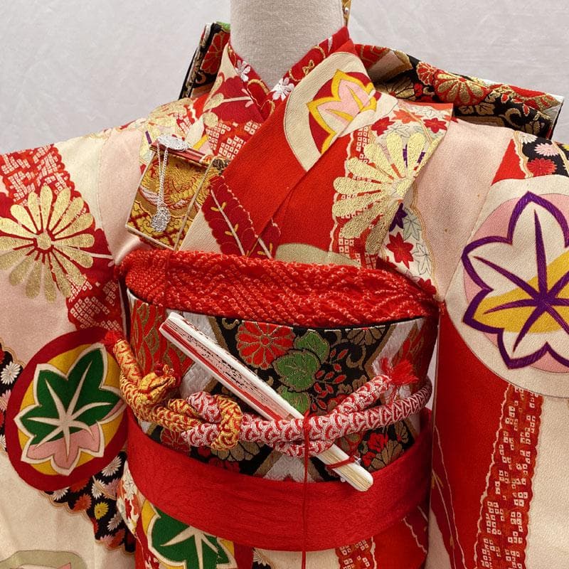 510ag47◎七五三 七歳 女児 アンティーク着物&袋帯 レトロ 総柄 赤◎