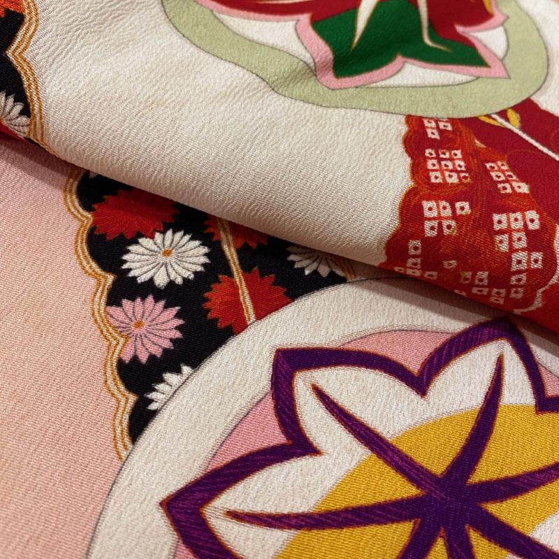 510ag47◎七五三 七歳 女児 アンティーク着物&袋帯 レトロ 総柄 赤◎