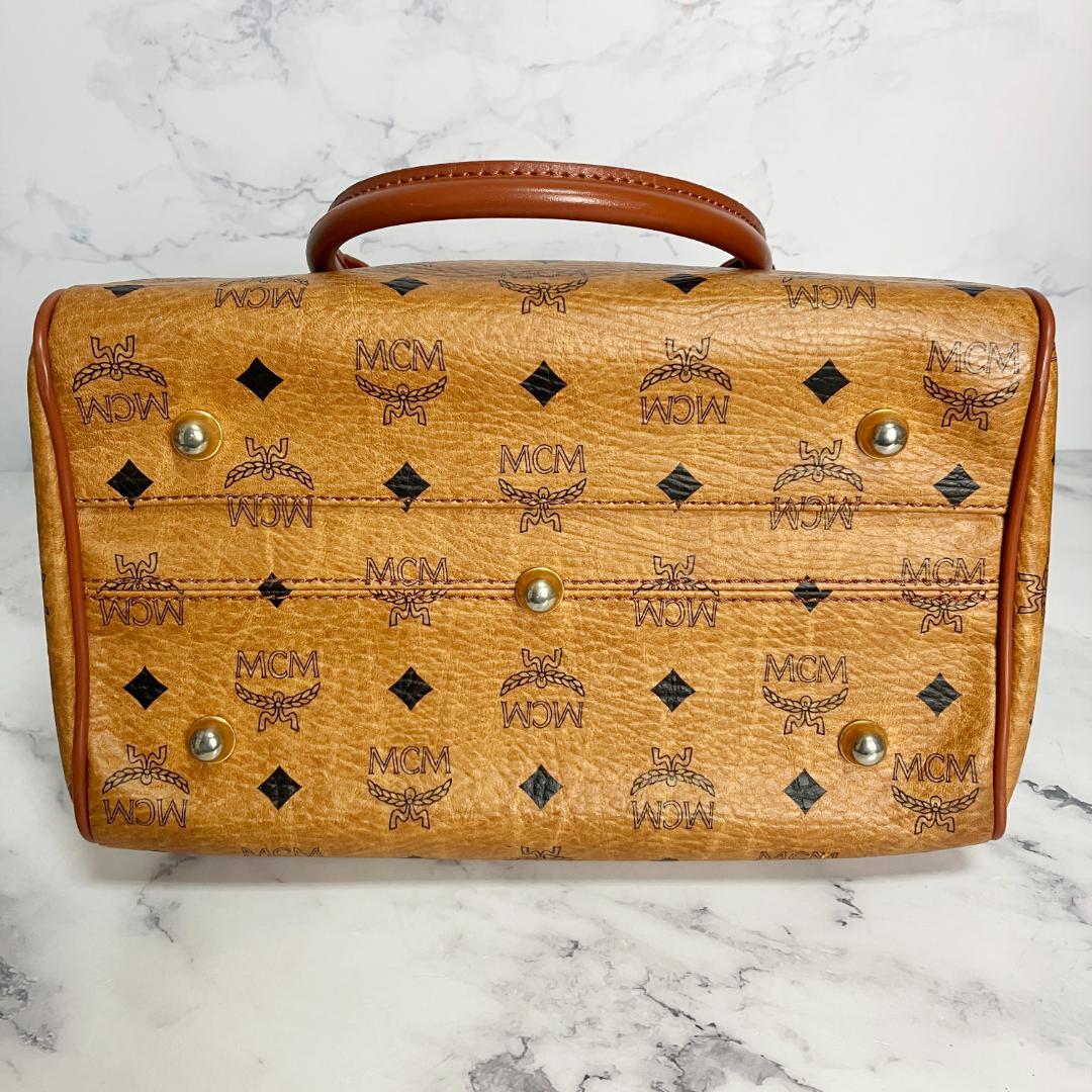 B702【美品】MCM★シボ革 ミニボストンバッグ ブラウン レザー