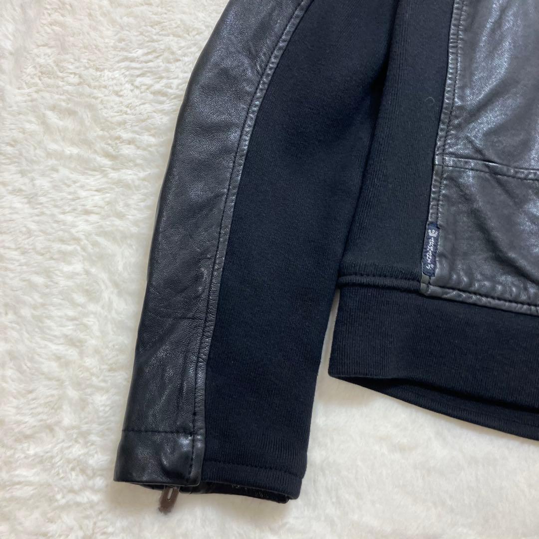 美品 アルマーニジーンズ ニット切替 羊革 ラム レザージャケット ライダース