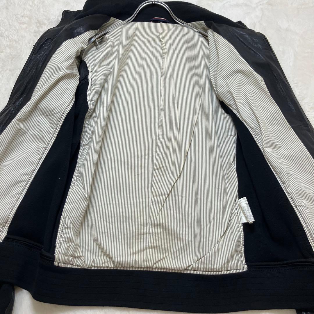 美品 アルマーニジーンズ ニット切替 羊革 ラム レザージャケット ライダース