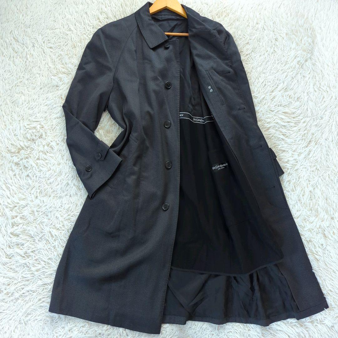 美品 イヴサンローラン ステンカラーコート ライナー付 ダークグレー A7