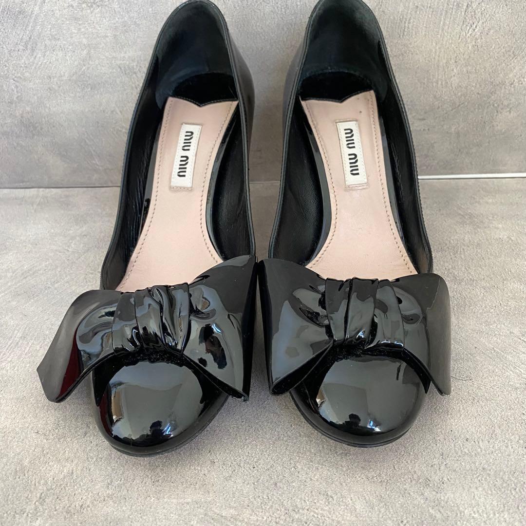【美品】ミュウミュウ リボン パンプス エナメル パテントレザー ハイヒール
