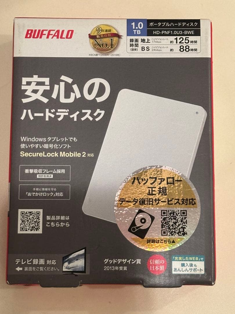BUFFALO 1.0TB 外付けハードディスク HD-PNF1.0U3-BWE