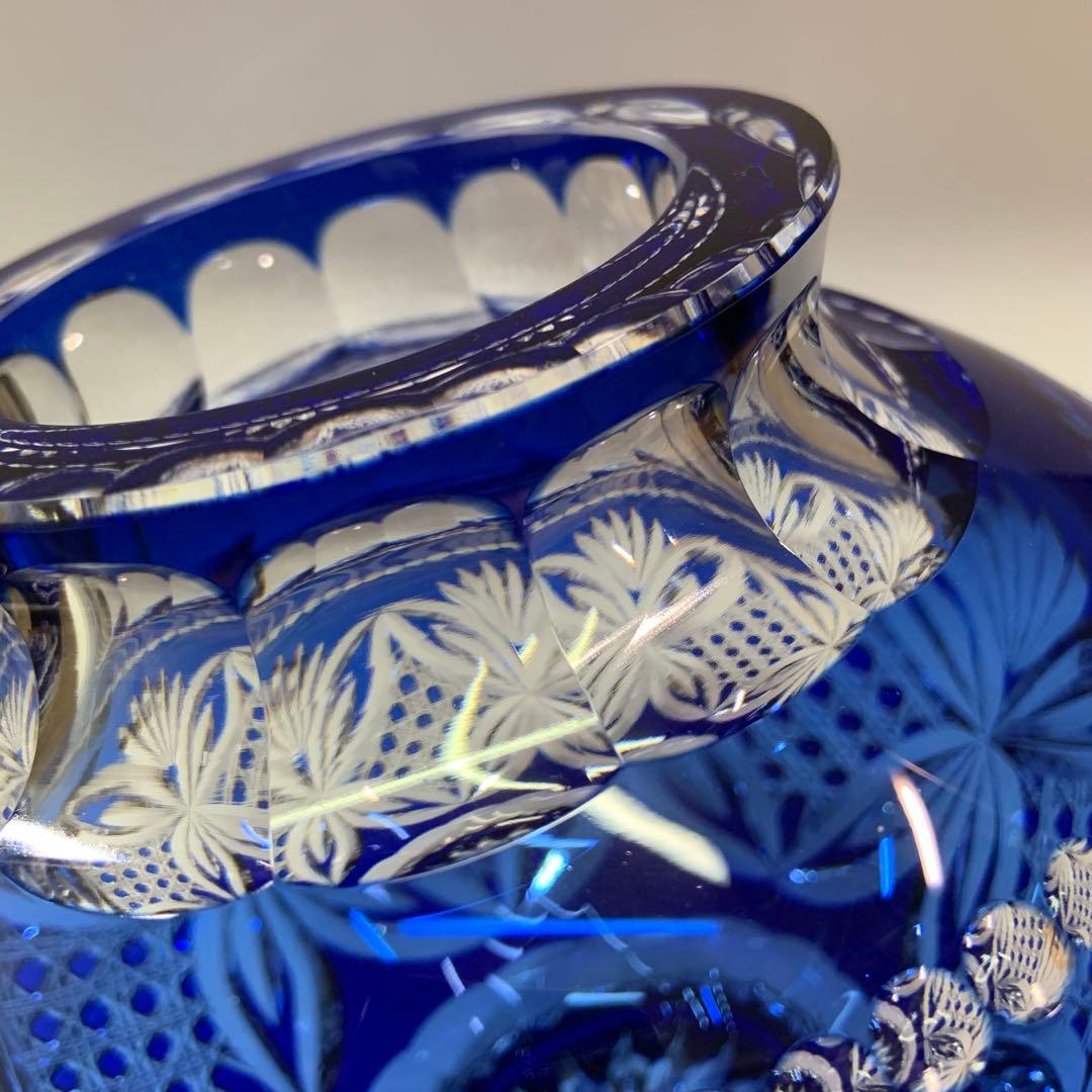 【未使用】カガミクリスタル 江戸切子 花瓶 伝統工芸士木村秋男氏デザイン 青色