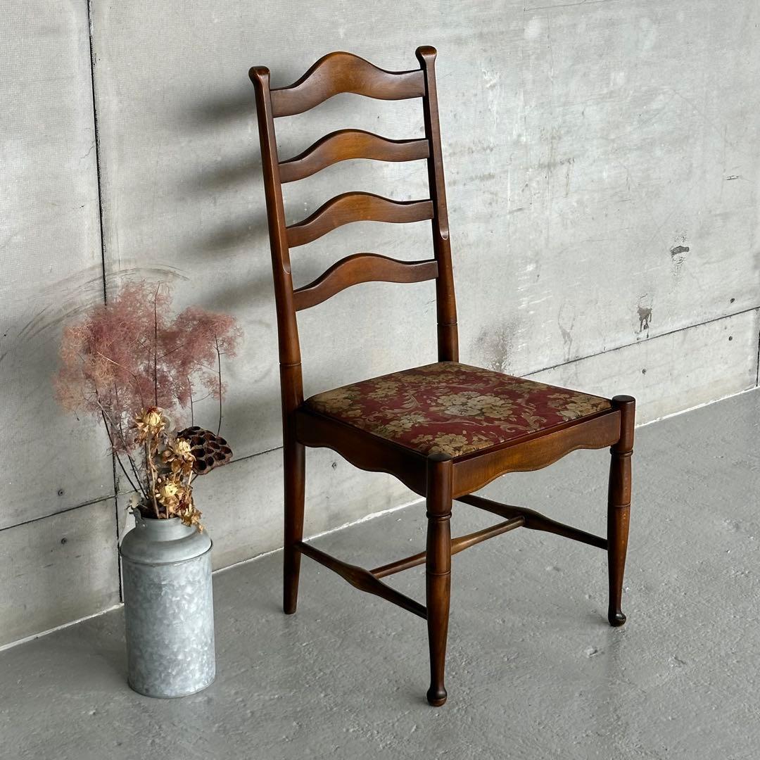 飛騨産業 キツツキ マーク｜ 花柄座面 ラダーバックチェア ｜ 昭和レトロ家具