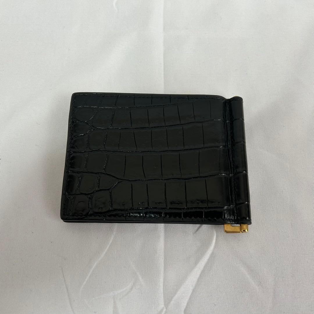 極美品　サンローラン　クロコ型押し　マネークリップ　二つ折り財布　カードケース