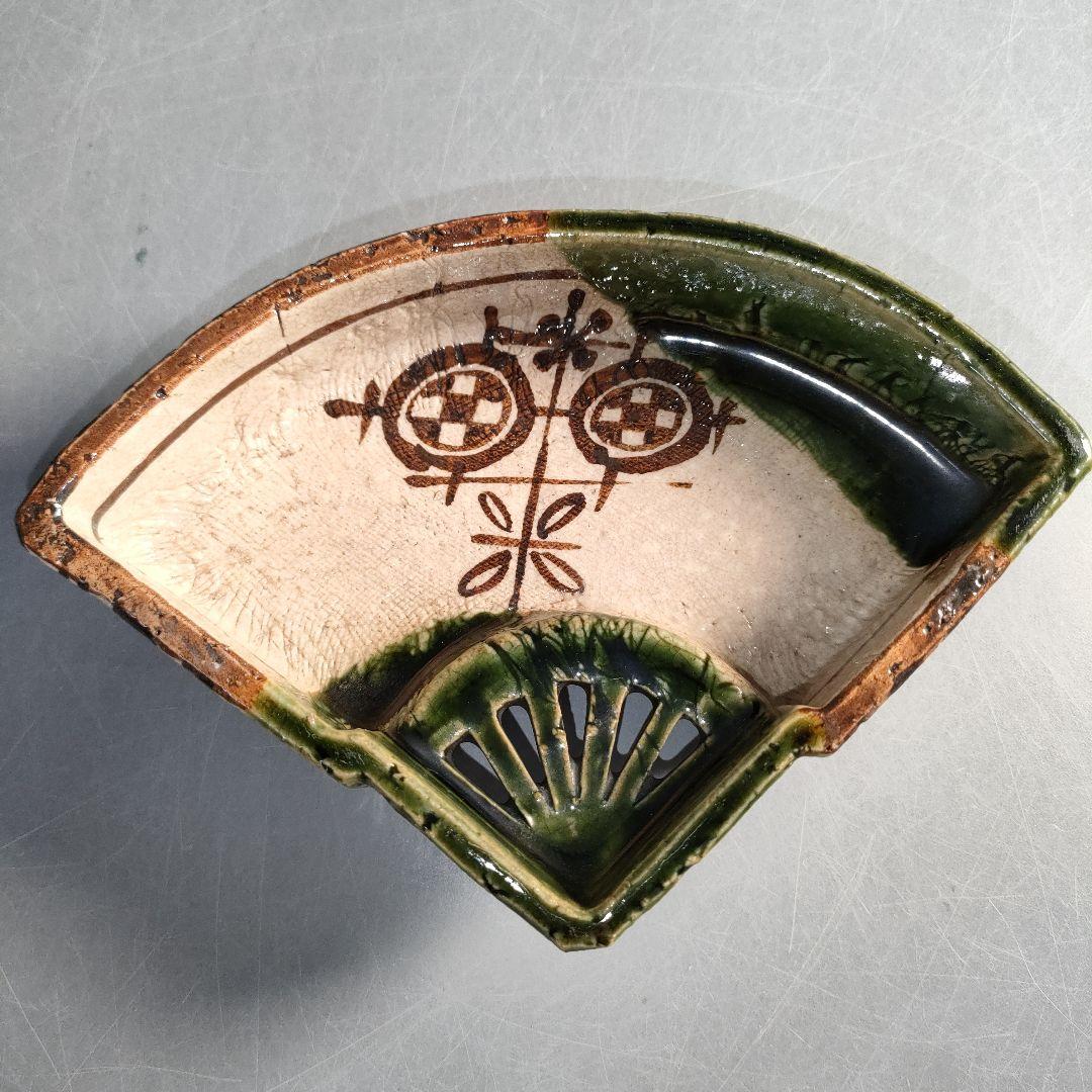 A1290-11/織部焼/山口茂 造/織部釉鉄絵扇面向附5客/共箱/懐石道具/