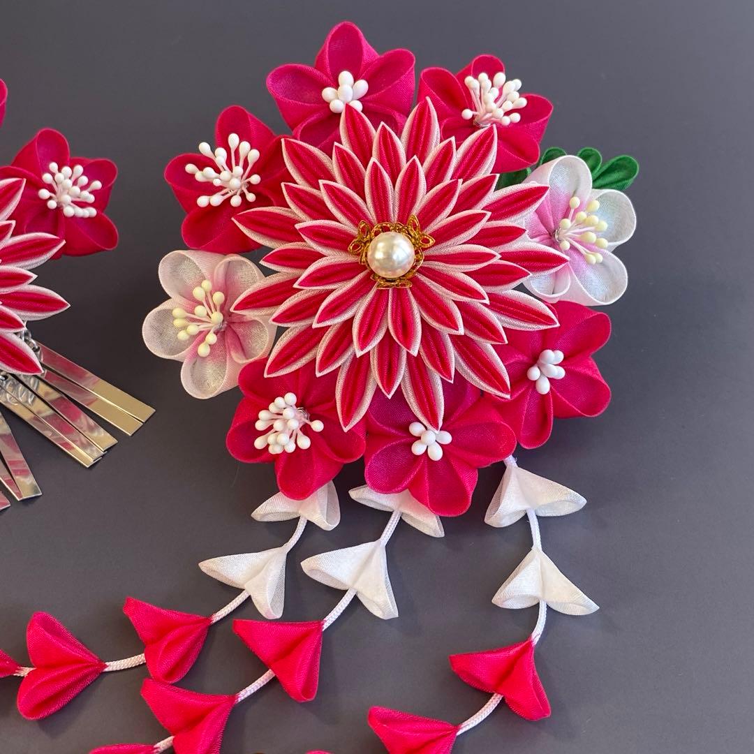 つまみ細工 髪飾り 簪セット 濃いピンク 七五三 卒業式 成人式