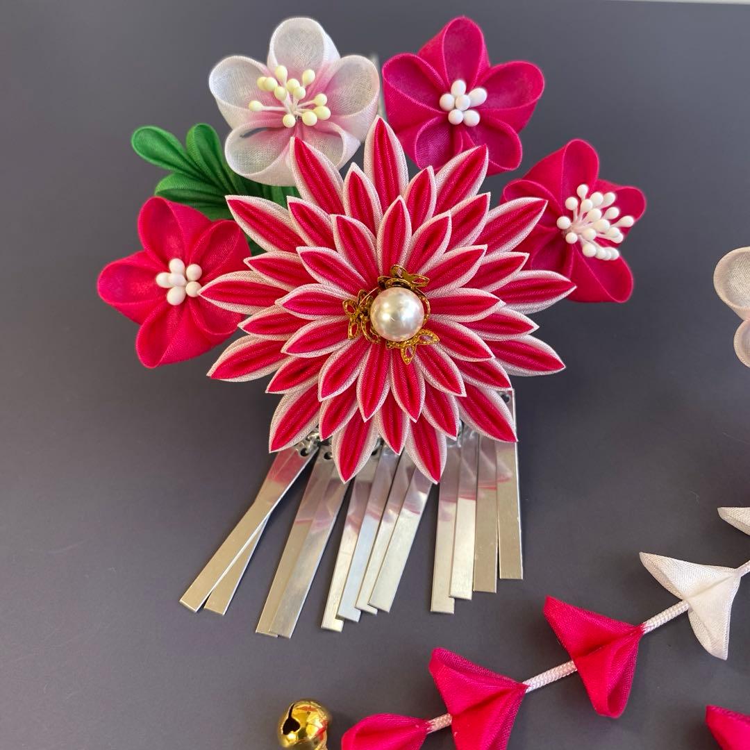 つまみ細工 髪飾り 簪セット 濃いピンク 七五三 卒業式 成人式