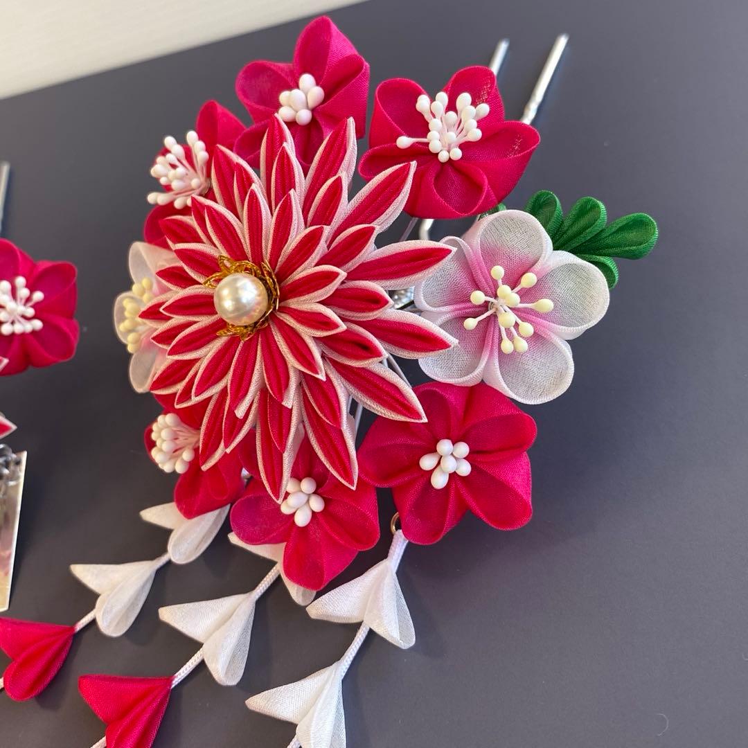 つまみ細工 髪飾り 簪セット 濃いピンク 七五三 卒業式 成人式