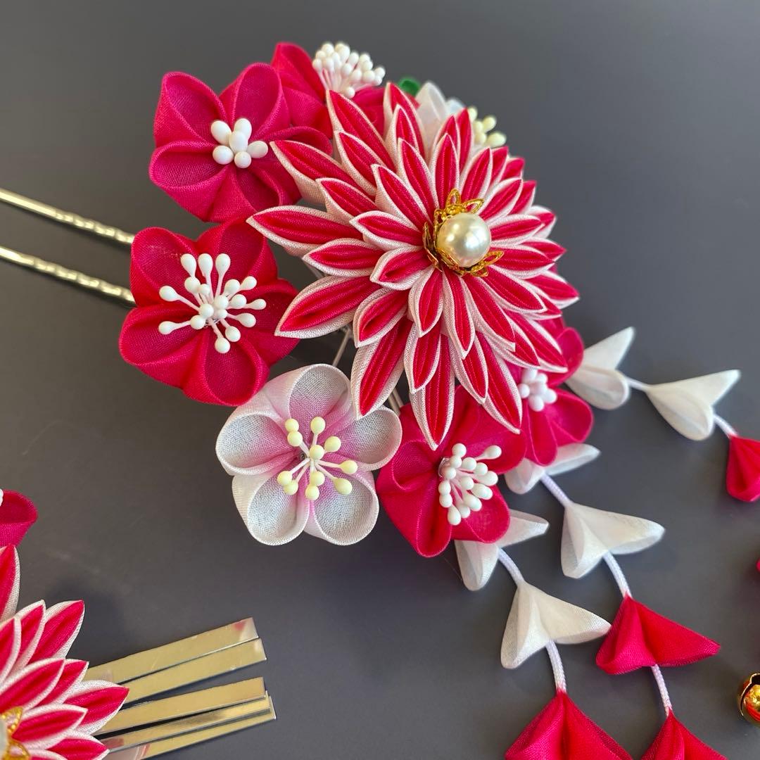 つまみ細工 髪飾り 簪セット 濃いピンク 七五三 卒業式 成人式