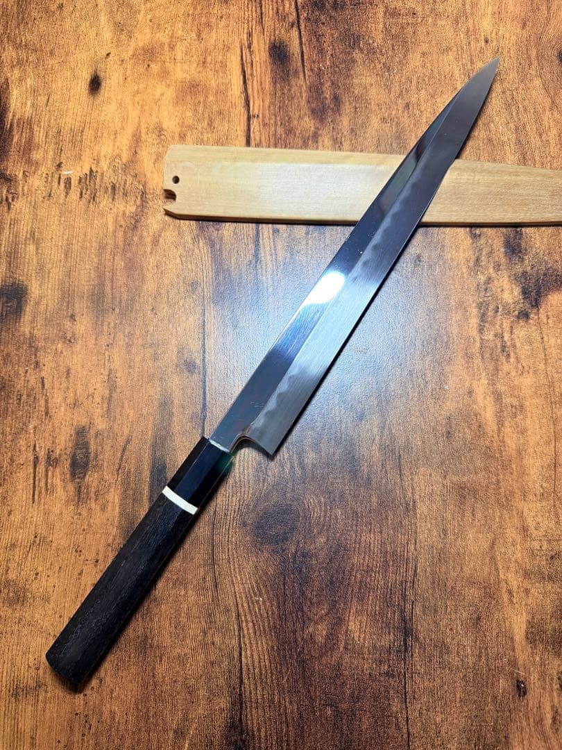 康之　本焼　刺身 柳刃　包丁　尺　鏡面　黒檀水牛八角柄　鞘付き