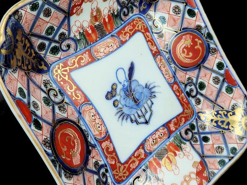 大聖寺伊万里　金襴手　団龍紋に仙人の図　四方皿　５枚　E076AS-BSx