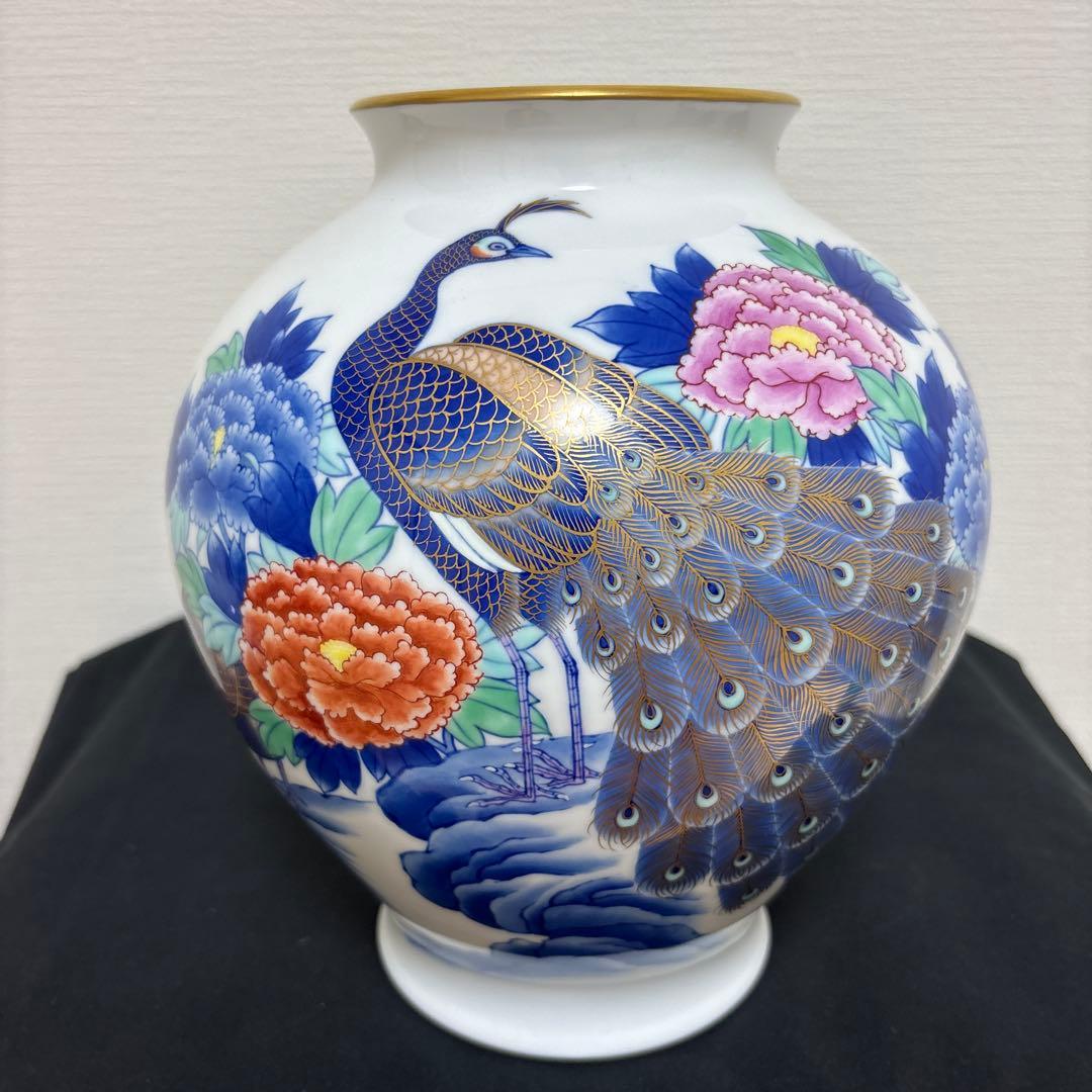 有田焼 香蘭社 色絵 染錦花鳥図 孔雀 牡丹 花瓶 花入 花器