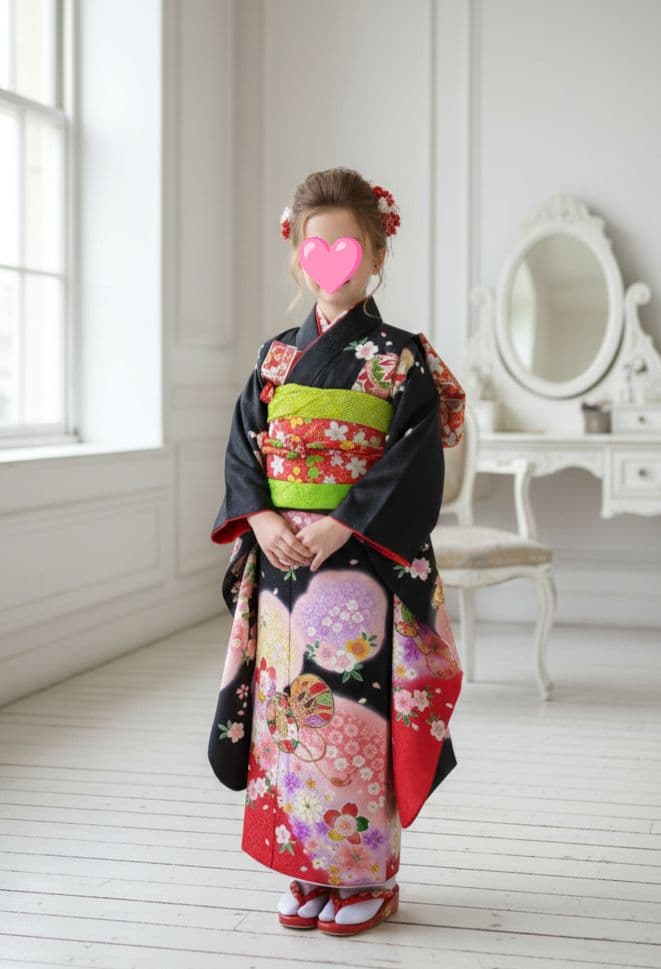 正絹黒色にぼかしの花模様の着物と作り帯のフルセット