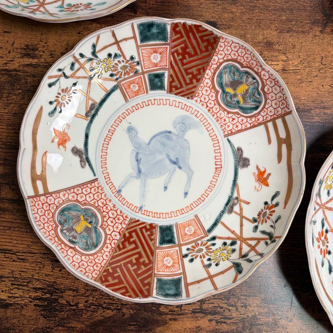 古伊万里　赤絵麒麟図七寸皿五客　大皿/中皿/アンティーク/お皿 020