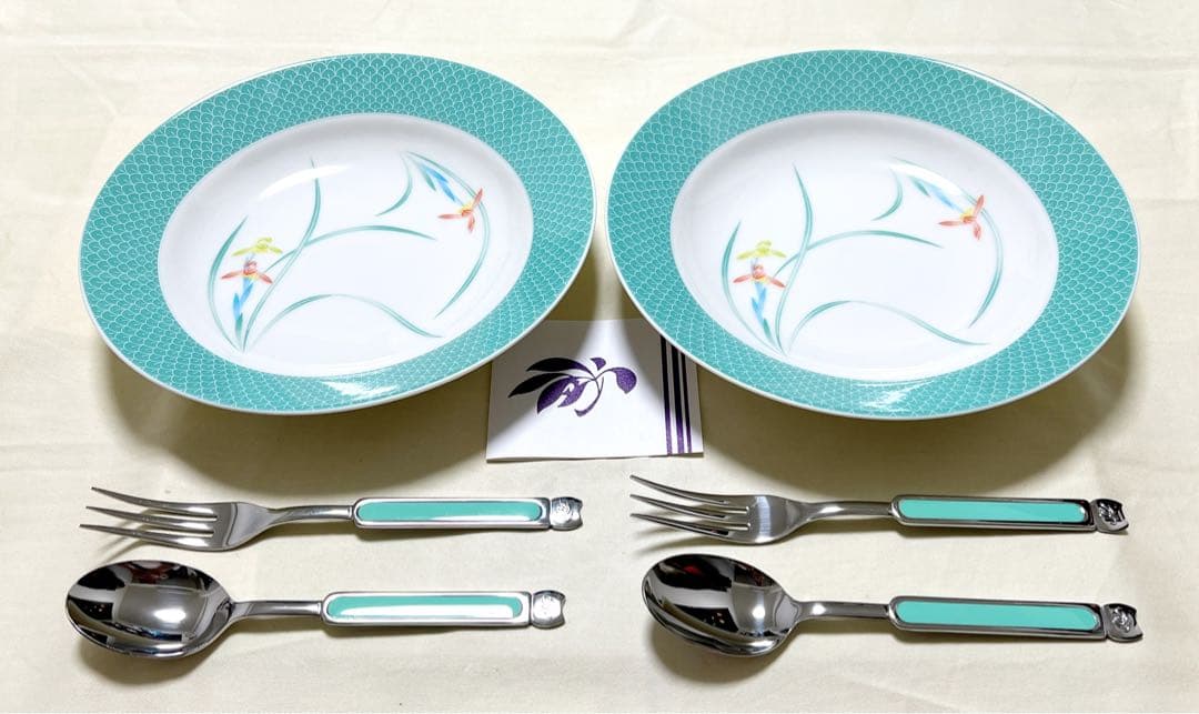 有田焼　香蘭社　三色蘭　パスタ皿＆スプーン＆フォーク　ペアセット　レア物　希少品