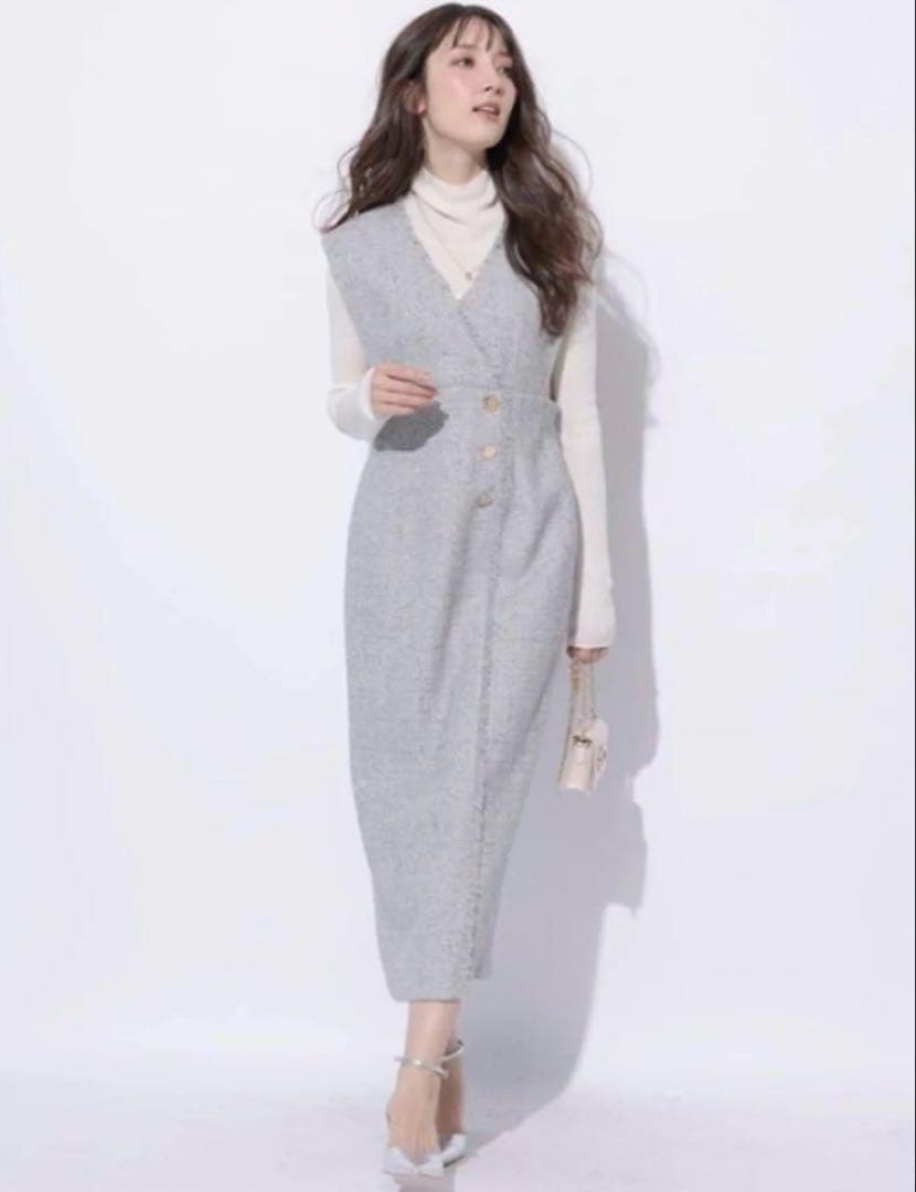 アプワイザーリッシェのラップツイードジャンスカ　ライトグレーＭ