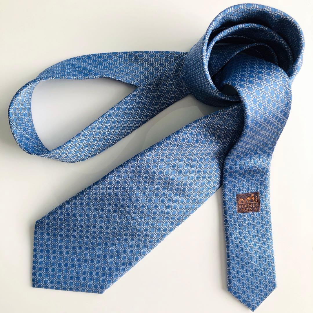HERMES ネクタイ 紋章柄 ブルー