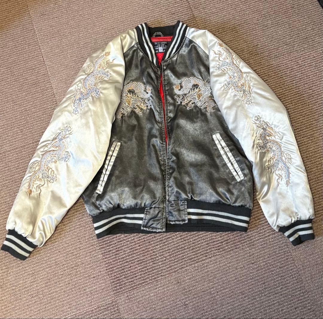 横須賀 スカジャン 龍刺繍 JUNGLE STORM 黒銀 L相当