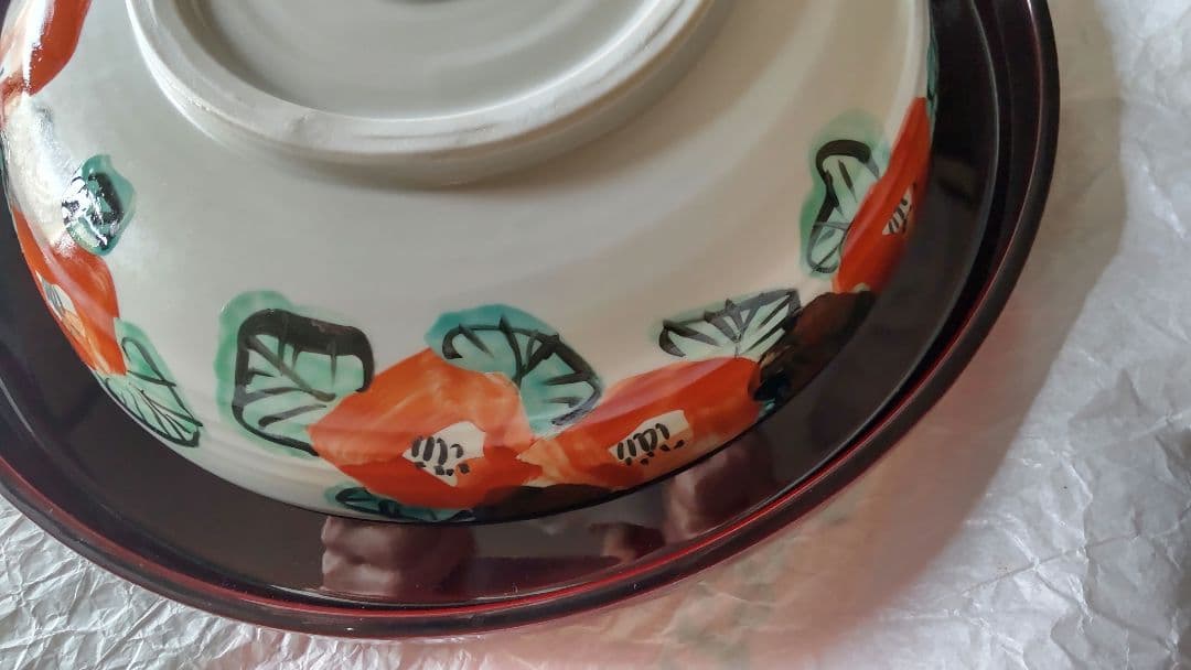 未使用 美濃焼 和田一人作 紅白 椿 片口鉢 皿 金彩