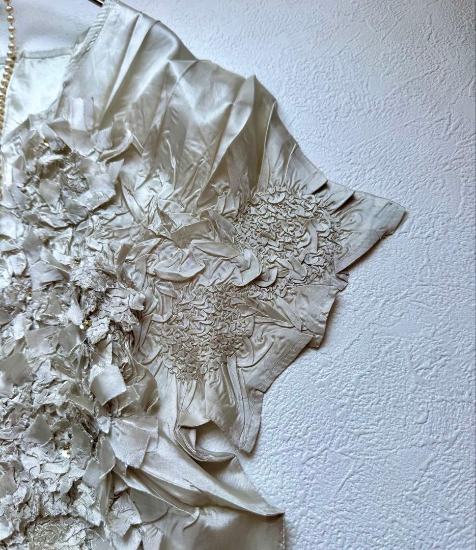 お値下げ！美品　スペッチオGプリーツフレンチ袖ブラウス　シャンブレーベージュ