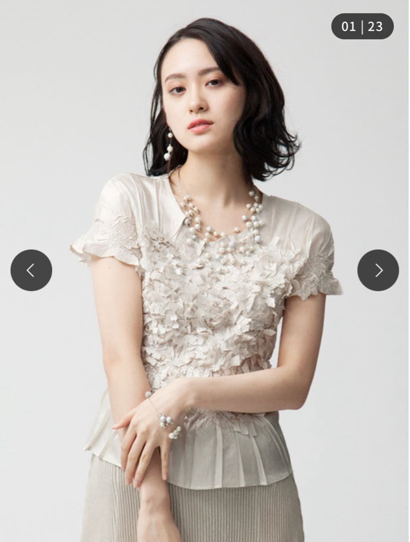 お値下げ！美品　スペッチオGプリーツフレンチ袖ブラウス　シャンブレーベージュ