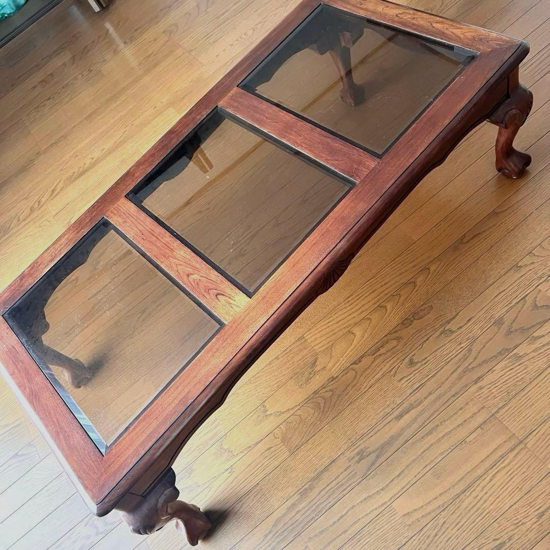 木製座卓 ガラス天板 ダークブラウン アンティークテーブル アメリカ輸入家具