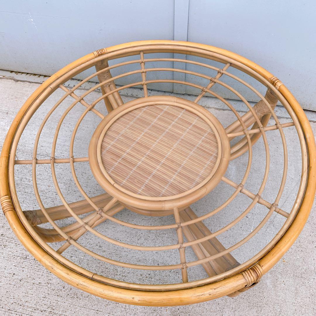 【送料込】アンティーク ラタンガラスローテーブル 藤家具 古民具 昭和レトロ