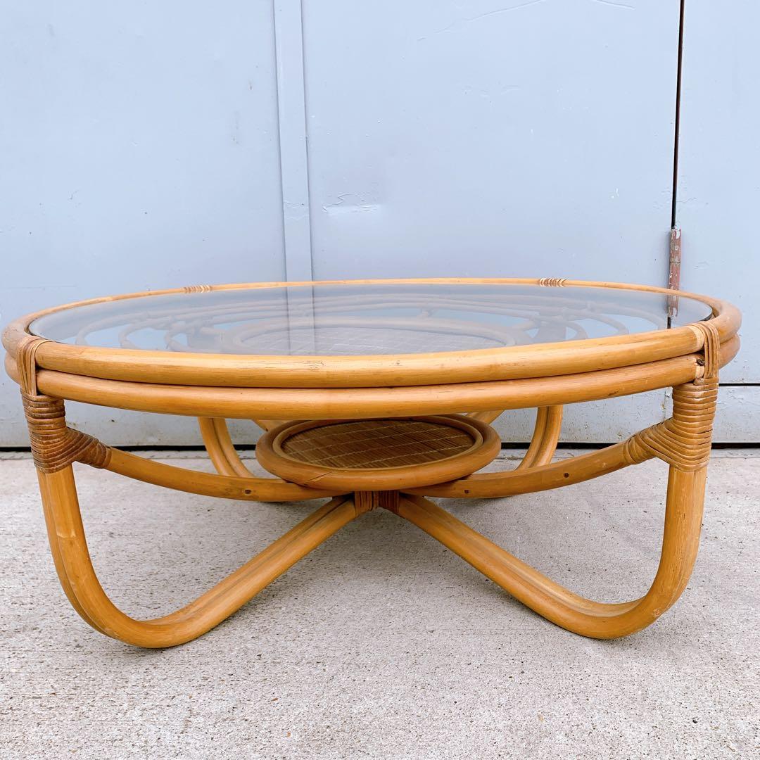 【送料込】アンティーク ラタンガラスローテーブル 藤家具 古民具 昭和レトロ