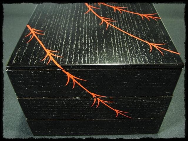 鵬雲斎好 田楽 菓子器 加州 賀峰 朱柳 掻合塗 三段重 裏千家茶道具 f301