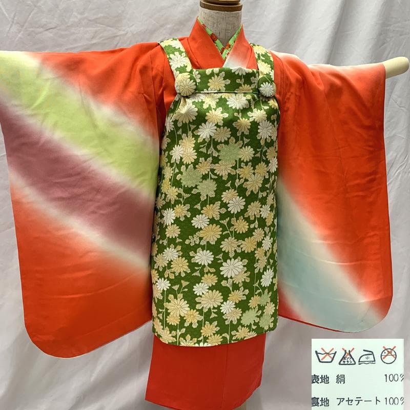 510ag33□七五三 三歳 女児 着物&被布ワンピース&長襦袢 折鶴□美品