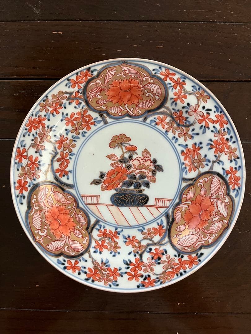 上手　江戸中期　元禄伊万里　古伊万里　染錦　桜尽　花尽　牡丹　花籠　七寸鍔皿無傷
