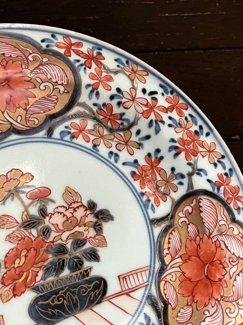 上手　江戸中期　元禄伊万里　古伊万里　染錦　桜尽　花尽　牡丹　花籠　七寸鍔皿無傷