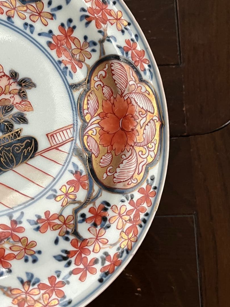 上手　江戸中期　元禄伊万里　古伊万里　染錦　桜尽　花尽　牡丹　花籠　七寸鍔皿無傷