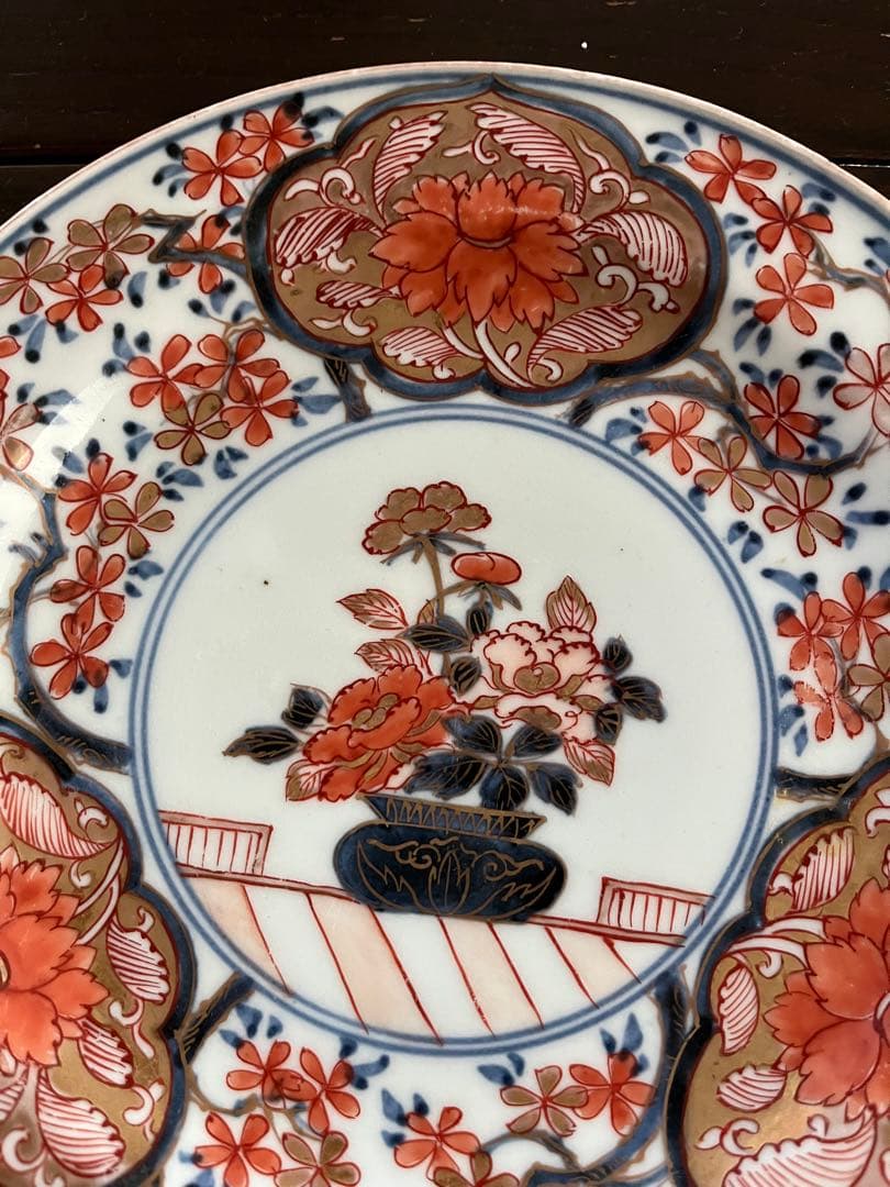 上手　江戸中期　元禄伊万里　古伊万里　染錦　桜尽　花尽　牡丹　花籠　七寸鍔皿無傷