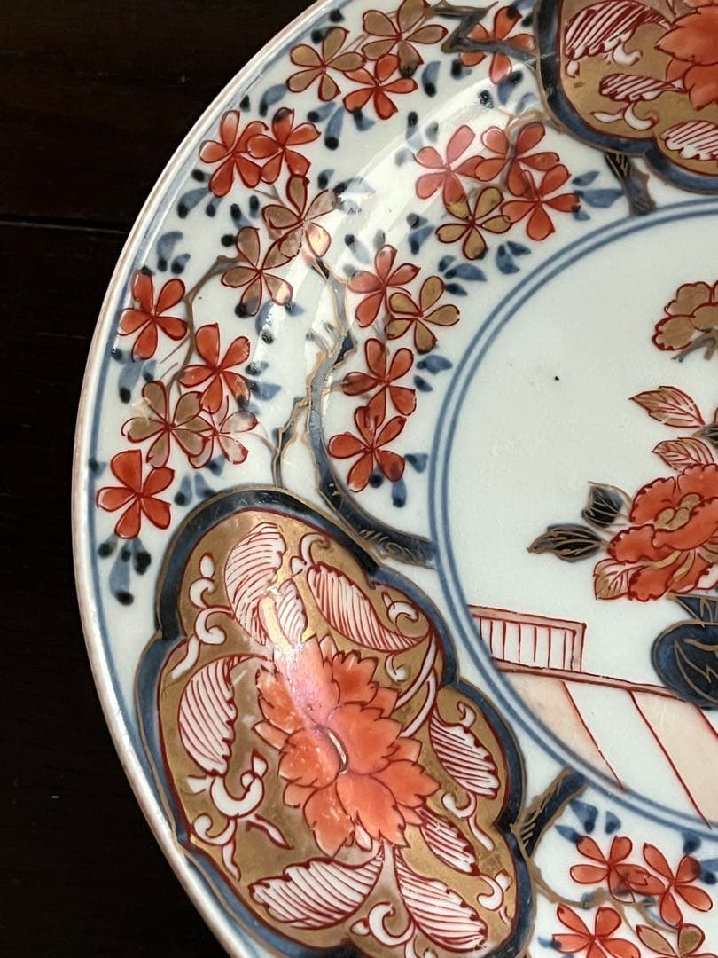 上手　江戸中期　元禄伊万里　古伊万里　染錦　桜尽　花尽　牡丹　花籠　七寸鍔皿無傷